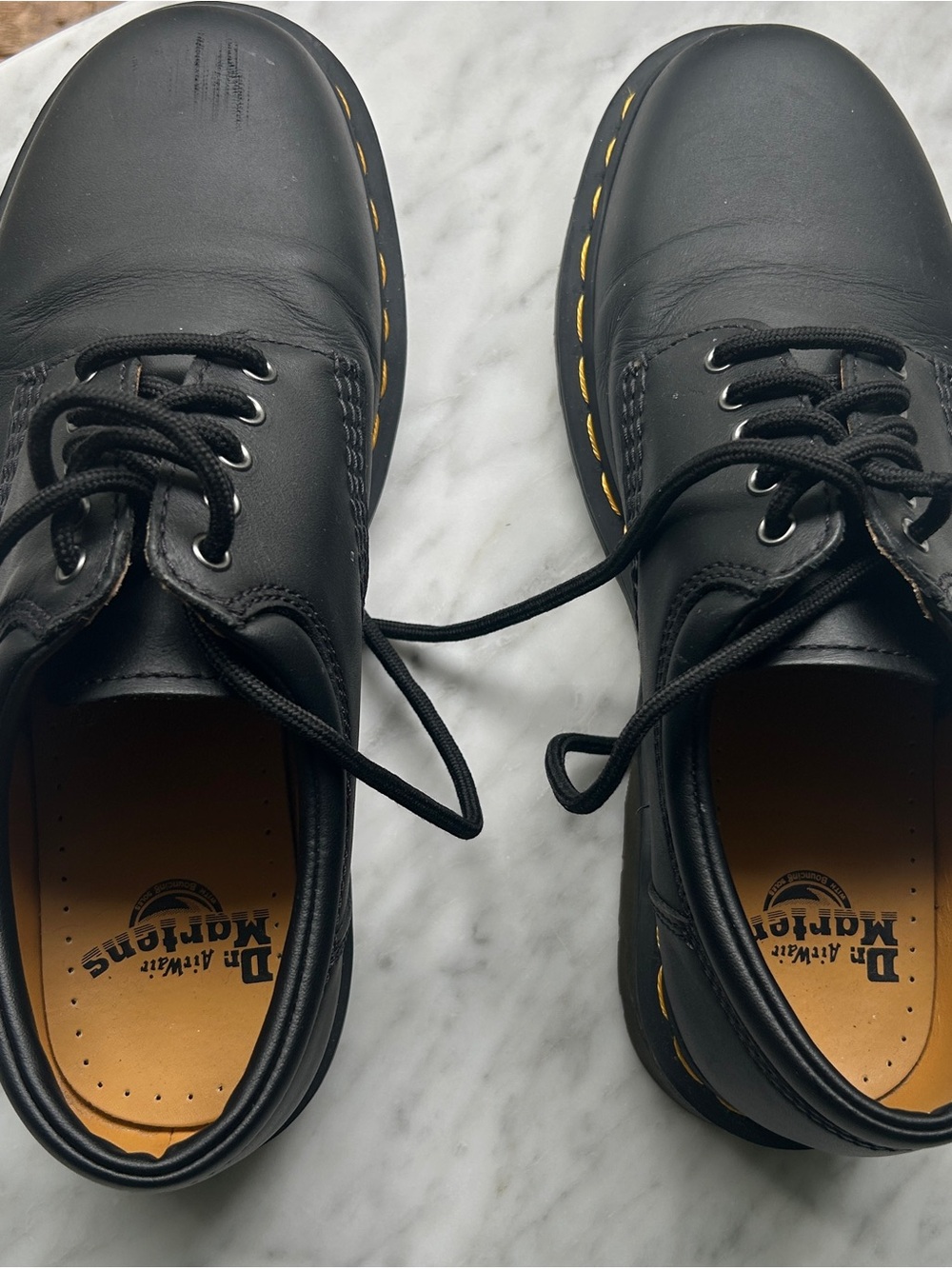 Dr. Martens Black Leather Low-Top Oxfords with Yellow Stitching